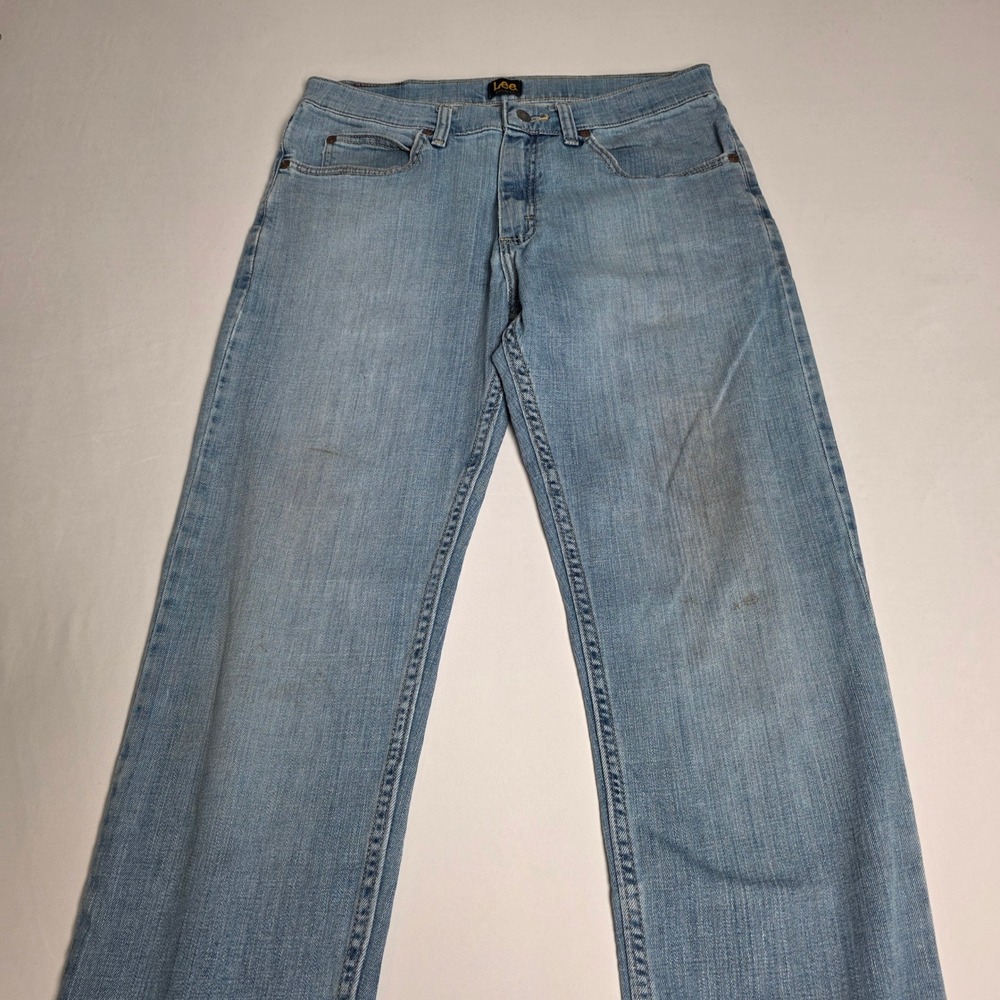 Lee Regular Fit Jeans Mens 33x32 Light Wash Blue Straight Leg Distressed